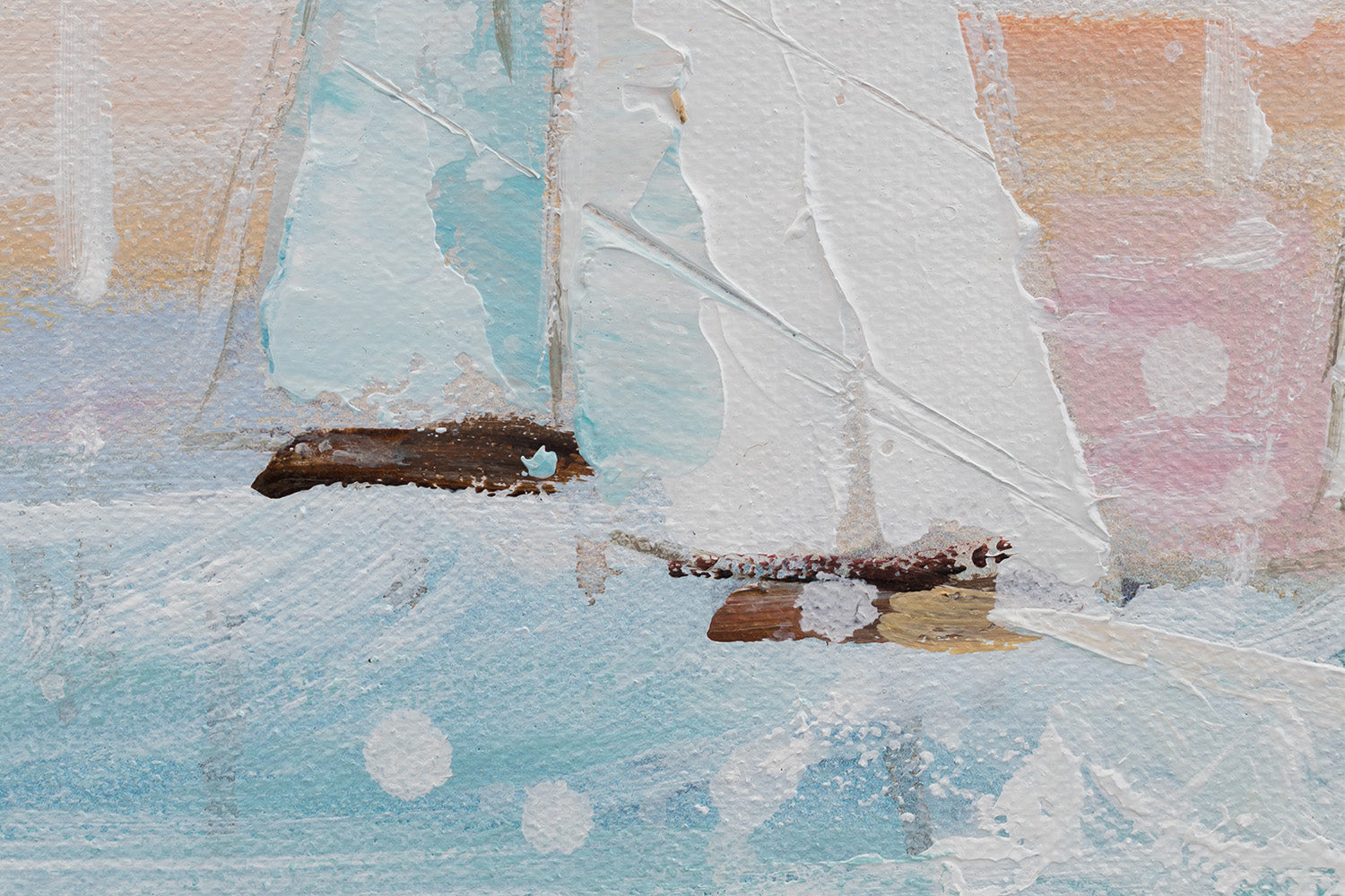 Ръчно рисувана картина на платно с мотив ЛОДКИ, небе, пейзаж, карта в бяло-бежово нюанси, спокойна атмосфера, природа, подходяща за хол – продукт, изглед 5