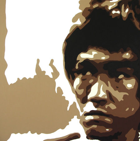 Ръчно рисувана картина на платно с мотив AL Bruce Lee в кафяво-бяло нюанси, интензивна атмосфера, сила и иконография | Ръчно рисувана POP Art картина AL Bruce Lee – продукт, изглед 2