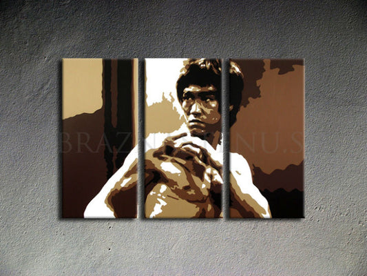 Ръчно рисувана картина на платно с мотив AL Bruce Lee в кафяво-бяло нюанси, интензивна атмосфера, сила и иконография | Ръчно рисувана POP Art картина AL Bruce Lee – продукт