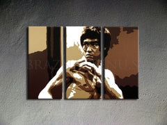 Ръчно рисувана картина на платно с мотив AL Bruce Lee в кафяво-бяло нюанси, интензивна атмосфера, сила и иконография | Ръчно рисувана POP Art картина AL Bruce Lee – продукт