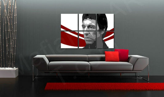 Ръчно рисувана картина на платно с мотив AL PACINO в бяло-черно нюанси окачена в интериор на хол, градска атмосфера, градски живот и поп култура – интериор