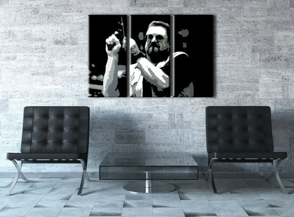 Поп арт картина на платно с мотив Big Lebowski в бяло-сиво нюанси окачена в интериор на хол, интензивна атмосфера, сила и мощ | Ръчно рисувана POP Art картина Big Lebowski – интериор, изглед 2