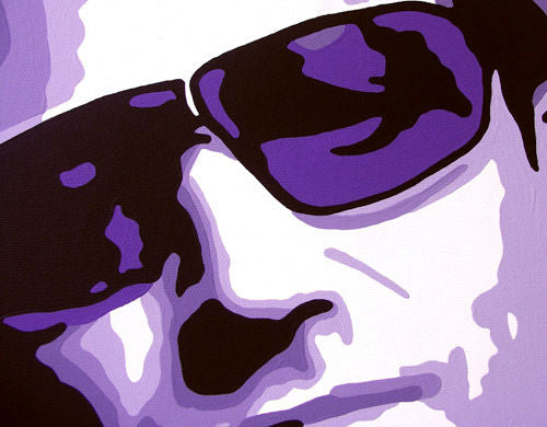 Ръчно рисувана картина на платно с мотив Bono-U2 в виолетово-черно нюанси, тайна и градски живот | Ръчно рисувана POP Art картина Bono-U2 – продукт, изглед 2