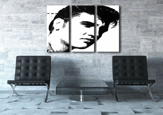 Ръчно рисувана картина на платно с мотив ELVIS в черно-бяло нюанси, смела атмосфера, рок енд рол и музикална история | Ръчно рисувана POP Art картина ELVIS – основна