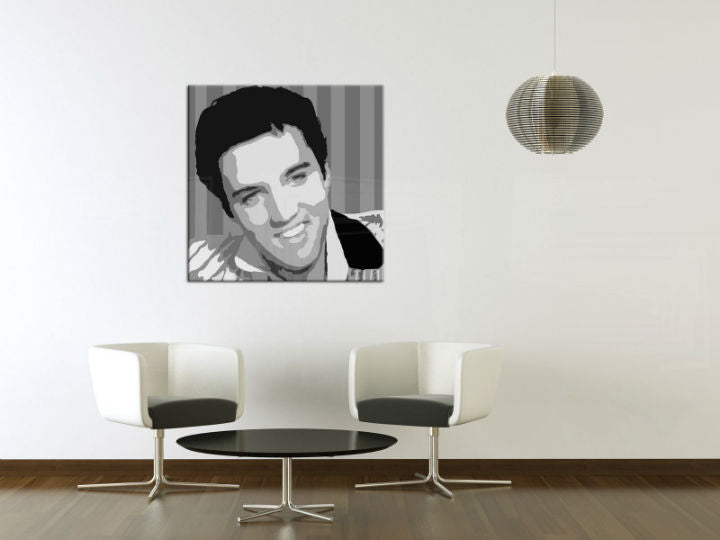 Поп арт картина на платно с мотив Elvis Presley, природа в бяло-сиво нюанси окачена в интериор на хол, рок енд рол и слава | Ръчно рисувана POP Art картина Elvis Presley – интериор