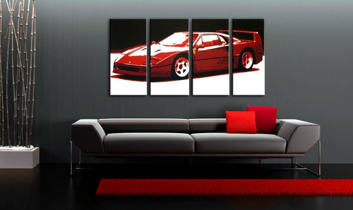 Поп арт картина на платно с мотив FERRARI F40 4 частен fer, автомобил, природа в бяло-червено нюанси окачена в интериор на хол, луксозно впечатление – интериор