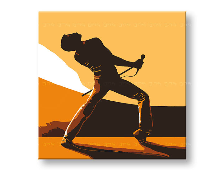 Ръчно рисувана картина на платно с мотив FREDDIE MERCURY, микрофон в кафяво-оранжево нюанси, енергична атмосфера, страст | Ръчно рисувана POP Art картина FREDDIE MERCURY – основна