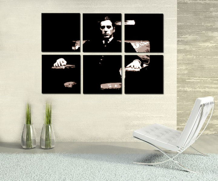 Ръчно рисувана картина на платно с мотив GODFATHER в черно-бяло нюанси, драматична атмосфера, минимализъм | Ръчно рисувана POP Art картина GODFATHER – основна