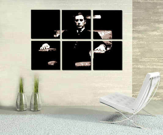Ръчно рисувана картина на платно с мотив GODFATHER в черно-бяло нюанси, драматична атмосфера, минимализъм | Ръчно рисувана POP Art картина GODFATHER – основна