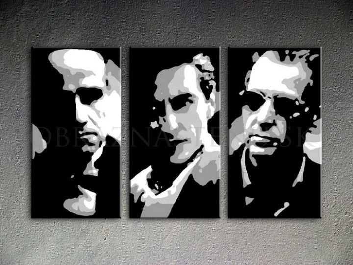 Ръчно рисувана картина на платно с мотив GODFATHER в черно-бяло нюанси, драматична атмосфера, минимализъм | Ръчно рисувана POP Art картина GODFATHER – продукт [YOBPPGOD2-120X80-24H]