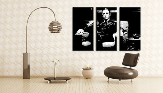 Ръчно рисувана картина на платно с мотив GODFATHER, чаша кафе в черно-бяло нюанси, сила и мощ и филмов свят | Ръчно рисувана POP Art картина GODFATHER – основна