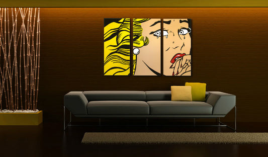 Ръчно рисувана картина на платно с мотив LICHTENSTEIN, коса в жълто-черно нюанси, меланхолична атмосфера, поп култура | Ръчно рисувана POP Art картина LICHTENSTEIN – основна