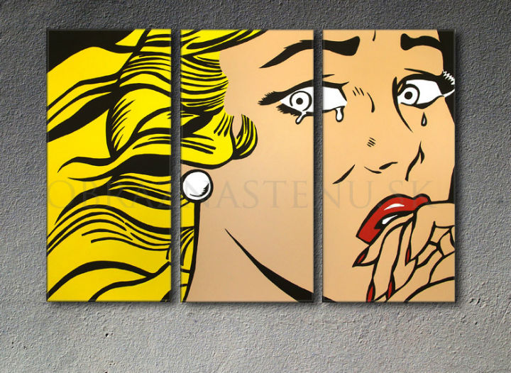 Ръчно рисувана картина на платно с мотив LICHTENSTEIN, коса в жълто-черно нюанси, меланхолична атмосфера, поп култура | Ръчно рисувана POP Art картина LICHTENSTEIN – продукт