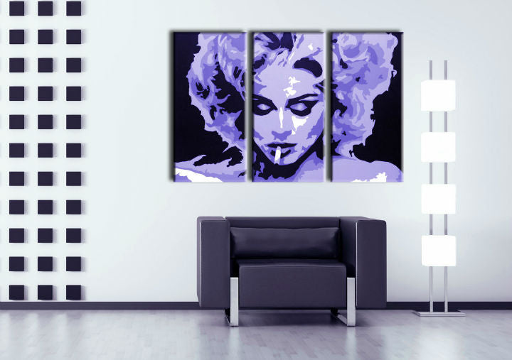 Поп арт картина на платно с мотив MADONNA, пура, природа, животно в виолетово-черно нюанси окачена в интериор на хол, слава и иконография – интериор