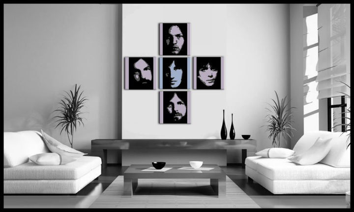 Поп арт картина на платно с мотив Pink Floyd 4 частен pf, природа в бяло-синьо нюанси окачена в интериор на офис, музикална история – интериор