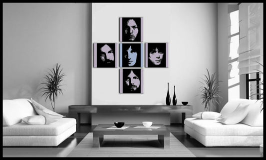 Поп арт картина на платно с мотив Pink Floyd 4 частен pf, природа в бяло-синьо нюанси окачена в интериор на офис, музикална история – интериор