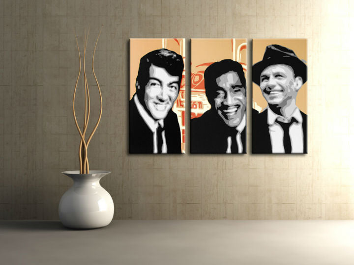 Поп арт картина на платно с мотив Rat Pack, природа в бяло-червено нюанси окачена в интериор на хол, носталгична атмосфера, музикална история – интериор, изглед 2