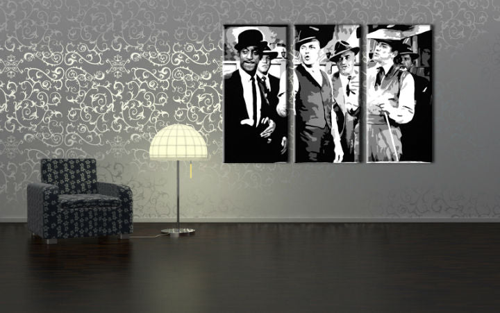 Поп арт картина на платно с мотив Rat Pack, природа в бяло-червено нюанси окачена в интериор на хол, носталгична атмосфера, музикална история – интериор, изглед 3