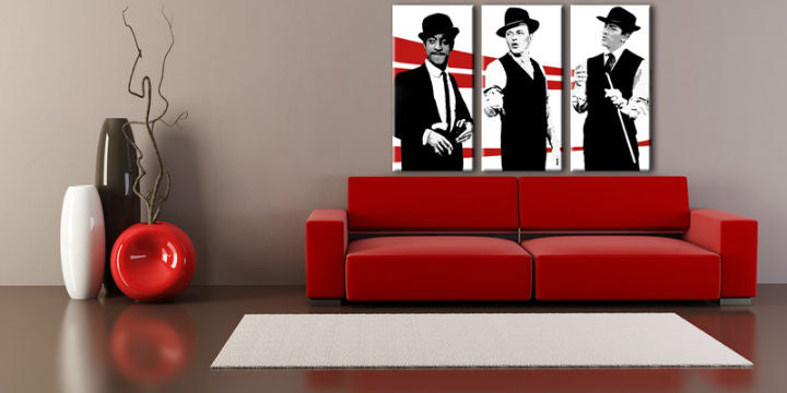 Поп арт картина на платно с мотив Rat Pack, природа в бяло-червено нюанси окачена в интериор на хол, носталгична атмосфера, музикална история – интериор