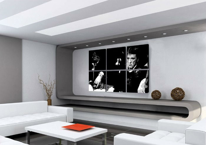 Ръчно рисувана картина на платно с мотив SCARFACE-AL PACINO в черно-бяло нюанси, драматична атмосфера, филмов свят и луксозно впечатление | Ръчно рисувана POP Art картина SCARFACE-AL PACINO – основна