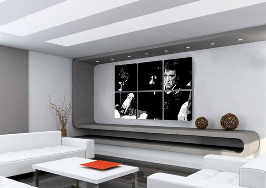 Ръчно рисувана картина на платно с мотив SCARFACE-AL PACINO в черно-бяло нюанси, драматична атмосфера, филмов свят и луксозно впечатление | Ръчно рисувана POP Art картина SCARFACE-AL PACINO – основна