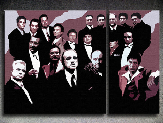 Поп арт картина на платно с мотив The MAFIA Family, автомобил в бяло-черно нюанси, драматична атмосфера, семейство и сила и мощ, подходяща за хол – основна