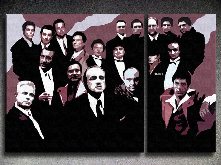Поп арт картина на платно с мотив The MAFIA Family, автомобил в бяло-черно нюанси, драматична атмосфера, семейство и сила и мощ, подходяща за хол – продукт