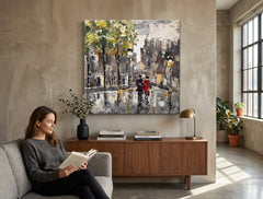 Ръчно рисувана картина на платно с мотив РАЗХОДКА, мост, дървета, карта, градски мотив в кафяво-сиво нюанси окачена в интериор на хол – интериор
