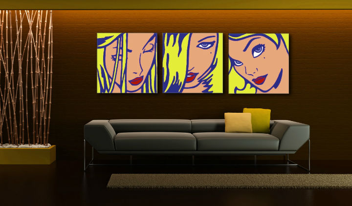 Поп арт картина на платно с мотив LICHTENSTEIN в синьо-червено нюанси окачена в интериор на хол, игрива атмосфера, красота и иконография – интериор