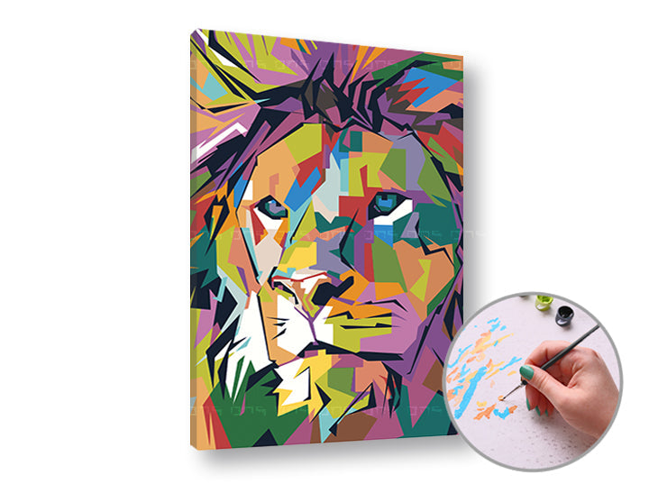 Рисуване по числа Farebný лъв — geometrický pop art портрет v živých farbách, 40×60 cm