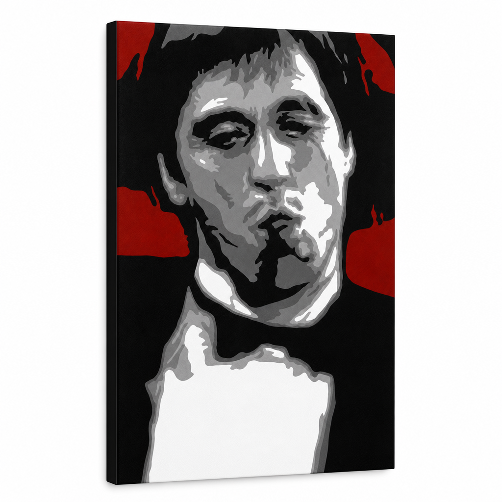 Ръчно рисувана картина POP ART AL PACINO 70x100 cm – 3D визуализация на ръчно рисувано платно на бял фон. Доминиращи цветове: červená, čierna, sivá, biela.