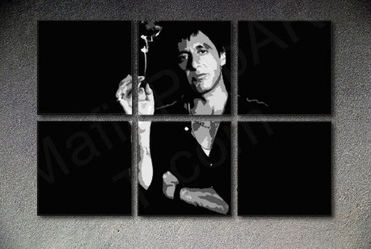 Поп арт картина на платно с мотив SCARFACE-AL PACINO 6 частен XXL Akcia al8, цвете в сиво-черно нюанси, драматична атмосфера, подходяща за хол – основна
