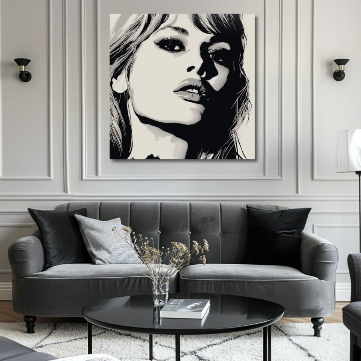 Модерна картина на платно с мотив Brigitte Bardot - Елегантност 60. rokov, коса в бяло-черно нюанси, драматична атмосфера | Картина Brigitte Bardot - Елегантност 60. rokov – продукт