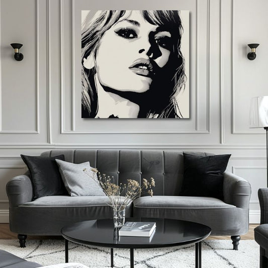 Модерна картина на платно с мотив Brigitte Bardot - Елегантност 60. rokov, коса в бяло-черно нюанси, драматична атмосфера | Картина Brigitte Bardot - Елегантност 60. rokov – продукт