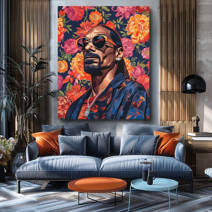 Модерна картина на платно с мотив Snoop Dogg - Ikona rapovej scény, цветя в оранжево нюанси | Картина Snoop Dogg - Ikona rapovej scény – продукт