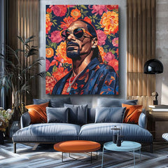 Модерна картина на платно с мотив Snoop Dogg - Ikona rapovej scény, цветя в оранжево нюанси | Картина Snoop Dogg - Ikona rapovej scény – продукт
