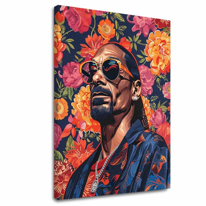Модерна картина на платно с мотив Snoop Dogg - Ikona rapovej scény, цветя в оранжево нюанси | Картина Snoop Dogg - Ikona rapovej scény – основна
