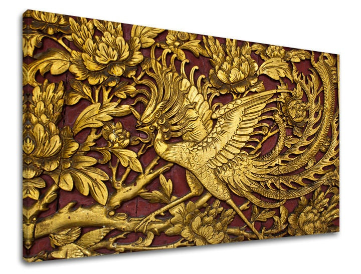 Класическа картина на платно с мотив FENG SHUI, птица, клони, цветя, природа в златно-червено нюанси, природа, подходяща за хол | Картина за стена FENG SHUI – основна