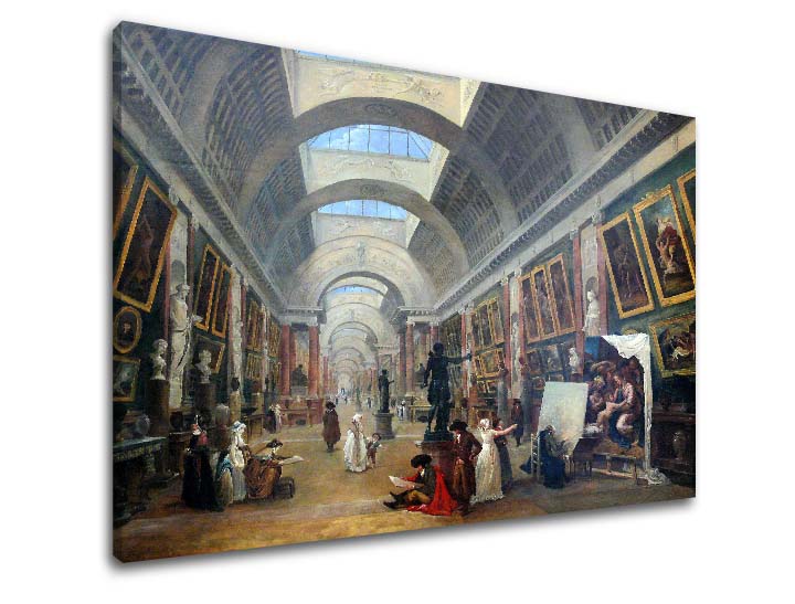 Винтидж картина на платно с мотив Hubert Robert - Projekt Grande Galerie du Louvre, карта в кафяво-синьо нюанси, празнична атмосфера, подходяща за коридор – продукт
