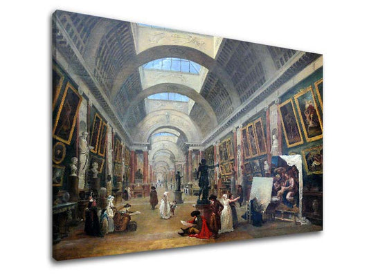 Винтидж картина на платно с мотив Hubert Robert - Projekt Grande Galerie du Louvre, карта в кафяво-синьо нюанси, празнична атмосфера, подходяща за коридор – продукт