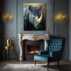 Със златен печат картина на платно с мотив Rhino's Armor of the Savanna, животно в синьо-златно нюанси, величествена атмосфера, подходяща за работен кабинет – продукт
