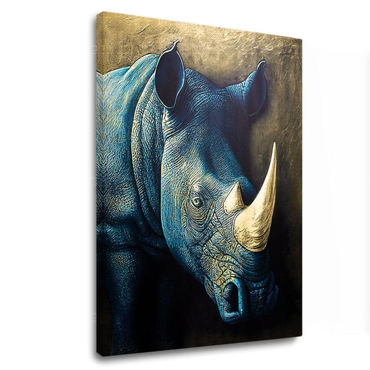 Със златен печат картина на платно с мотив Rhino's Armor of the Savanna, животно в синьо-златно нюанси, величествена атмосфера, подходяща за работен кабинет – основна