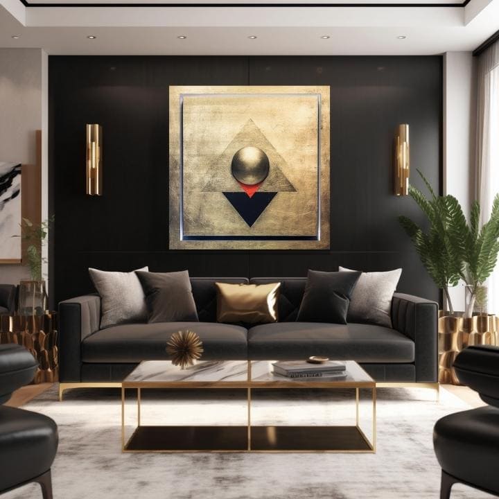 Със златен печат картина на платно с мотив Symmetry in Gold в сребърно-златно нюанси, контемплативна атмосфера, минимализъм, подходяща за хол – продукт