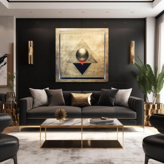Със златен печат картина на платно с мотив Symmetry in Gold в сребърно-златно нюанси, контемплативна атмосфера, минимализъм, подходяща за хол – продукт