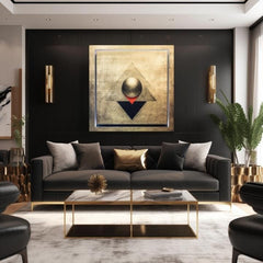 Със златен печат картина на платно с мотив Symmetry in Gold в сребърно-златно нюанси, контемплативна атмосфера, минимализъм, подходяща за хол – продукт