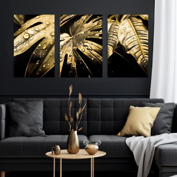 Със златен печат картина на платно с мотив Dance of the Gold Leaves, природа в златно-черно нюанси, луксозна атмосфера, природа и луксозно впечатление – продукт