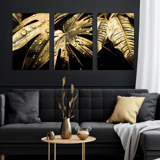 Със златен печат картина на платно с мотив Dance of the Gold Leaves, природа в златно-черно нюанси, луксозна атмосфера, природа и луксозно впечатление – продукт