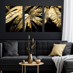 Със златен печат картина на платно с мотив Dance of the Gold Leaves, природа в златно-черно нюанси, луксозна атмосфера, природа и луксозно впечатление – продукт
