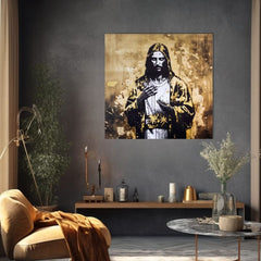 Със златен печат картина на платно с мотив Strength of Christ, пейзаж, религиозен мотив в бяло-златно нюанси, празнична атмосфера, подходяща за хол – продукт