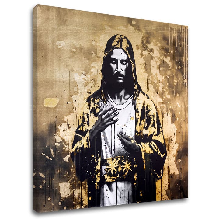 Със златен печат картина на платно с мотив Strength of Christ, пейзаж, религиозен мотив в бяло-златно нюанси, празнична атмосфера, подходяща за хол – основна